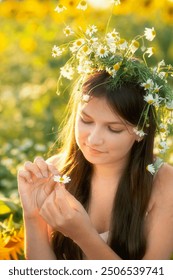 Uma linda adolescente com cabelos longos e uma coroa de flores de margarida na cabeça colhe pétalas de margarida. Adivinhação - amores não amam - uma brincadeira de criança.