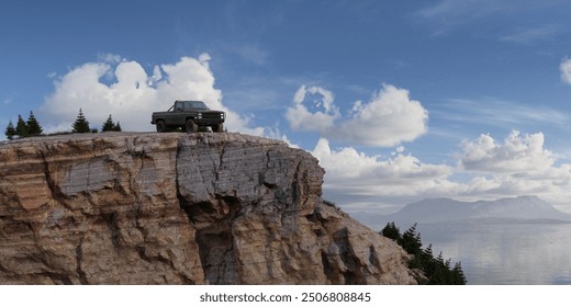 E 4x4 Camion geparkt um Rand vun engem Cliff mat enger atemberaubender Vue op d'Bierger an engem dramateschen Himmel, symboliséiert Abenteuer a Fräiheet. 3d Rendering