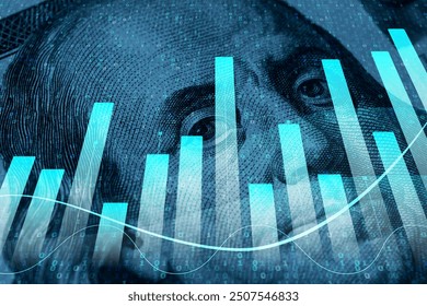 Graphiques sur fond de billet de banque. La numérisation de l'économie, l'impact de la technologie sur les marchés financiers, le trading algorithmique ou la croissance