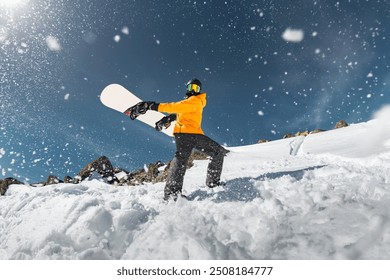 アクティブなスノーボーダーがスノーボードで雪玉を割って楽しんでいます。スノーボーダーの周りには粉雪が舞っています