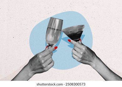 Collage de fotos de imagen de boceto de obra de arte de tendencia compuesta de uñas de manicura de mano sosteniendo una copa de cóctel, vino, bebida, alcohol, saludos, celebración de las vacaciones