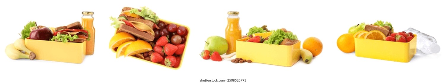 Колаж із коробки для обіду з різними продуктами, ізольованими на білому