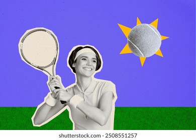 Kolaj foto komposit pemain tenis wanita sukan gembira memegang raket gaya hidup sihat hobi riadah diasingkan pada latar belakang yang dicat