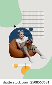 Vertical photo collage of happy teen girl sit beanbag play game pad joystick video game toll addiction isolated on painted background