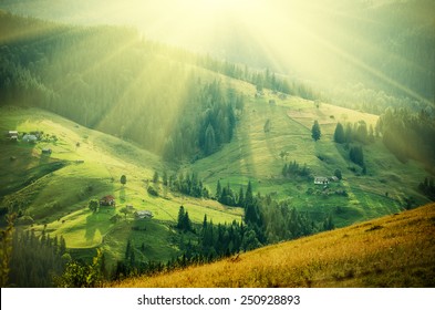 Paisaje de verano de las montañas de los Cárpatos al atardecer con verdes colinas soleadas, asombroso fondo retro vintage hipster
