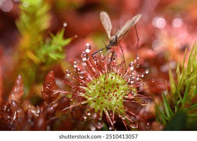 Closeup picture of the common roundleaf sundew (Drosera rotundifolia) with trapped insect, a carnivorous plant photographed in a moor in southern Germany