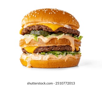 Pyszny podwójny cheeseburger, big mac, duży podwójny cheeseburger z dwoma kotletami wyizolowanymi na białym tle