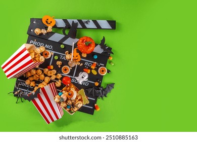 Horror movie, series night, Halloween cinema party with trick-or-treating sweets bucket, popcorn, movie clapperboard and Halloween decorations on high-colored background copy space