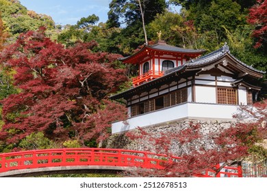 Templo colorido y puente rojo en el parque Minoh, Osaka, Japón, en otoño. Hermoso follaje otoñal. Árboles de arce rojo.