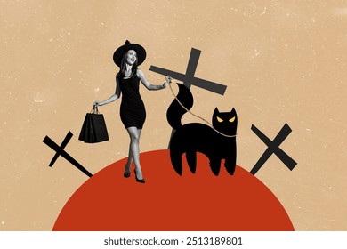 zložená fotografická koláž šťastná čarodejnica prechádzka domáce zviera mačka nákupy cintorín tašky nákup hrob halloween izolovaný na maľovanom pozadí