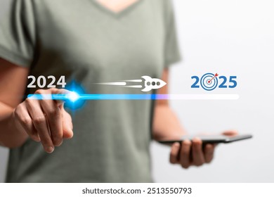 Targeting of new year 2025, Start-up concept, Women point on target bar status 2024 to 2025, Goal setting, Planning and strategy,  Growing in the long term, development, Countdown, business planning
