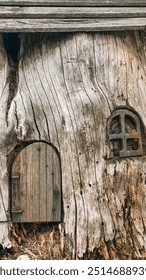 Vintage-Miniatur-Holzhaus mit Tür und Fenster in Montsalvat, Eltham, Australien. Dieses kleine, einzigartige Architekturmodell spiegelt den traditionellen Stil mit gealterter Textur und komplizierten Details wider