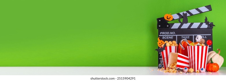 Horror movie, series night, Halloween cinema party with trick-or-treating sweets bucket, popcorn, movie clapperboard and Halloween decorations on high-colored background copy space