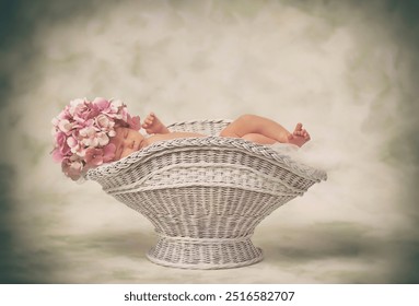 Newborn baby girl in a basket with bouquet of flowers on a head. A newborn baby girl sleeps peacefully in a basket on light background. Newborn baby photoshoot. Shallow depth of field.