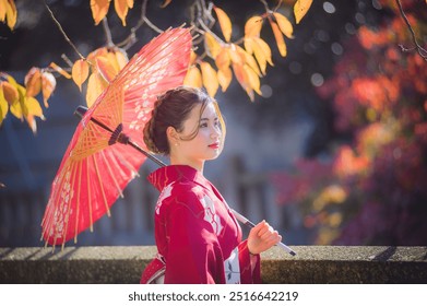 Una giovane ragazza che indossa il kimono, il tradizionale costume giapponese, scatta foto delle foglie rosse autunnali a Kyoto.