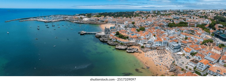 Aerial panoramic view of Cascais. 30km west of Lisbon on the portuguese riveira, cascais, Portugal. Drone aerial view of Praia da Rainha and historic city centre of Cascais, Portugal