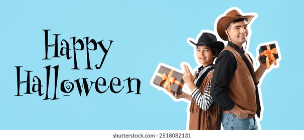 Klenge Jong a säi Papp hunn sech als Cowboys mat Kaddoen op hellbloen Hannergrond gekleet. Banner fir Halloween