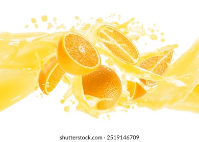 Flujo de jugo de naranja levitando con trozos de naranja, gotas, salpicaduras de jugo, fondo blanco, aislado. Bebida de frutas con vitaminas para publicidad, etiqueta de producto, marca, folleto, póster, tarjeta, diseño.