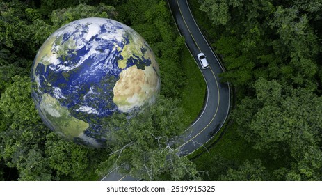 Mașină electrică și energie electrică EV pentru mediu, Mașină EV pe drum forestier cu planeta pământului care trece prin pădure, Ecosisteme ecologică mediu sănătos, Mașină electrică cu natură, Economisiți energia pământului.