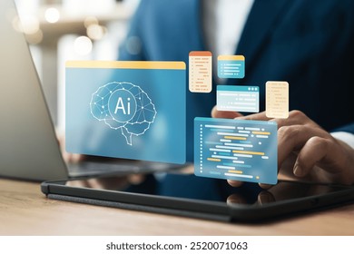 Technológia AI, umelá inteligencia v práci, ktorá pomáha maximalizovať efektivitu, obchodník využíva technológiu AI na pomoc pri analýze veľkých dát a ich využívaní v každodennom živote človeka, technológie budúcnosti.