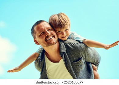 Bố, ngoài trời và trẻ em bay trong chân dung, máy bay tưởng tượng và chơi trò chơi dưới bầu trời xanh. Cha, con trai và gia đình hạnh phúc cho mối quan hệ trong thiên nhiên, hỗ trợ và con cái với cha mẹ cho cuộc phiêu lưu tự do