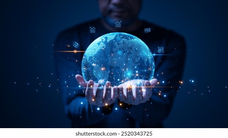 L'homme tient un globe numérique lumineux, symbolisant l'interconnexion du monde moderne à travers la technologie, les données et l'innovation. Les éléments visuels représentent des perspectives et des opportunités mondiales