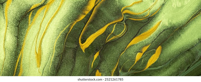Abstract fluid art background light green and olive colors. Liquid marble. Acrylic painting on canvas with golden lines and gradient. Alcohol ink backdrop with waves pattern.