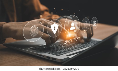 Concepto de seguridad de confianza cero. Hombre de negocios que usa una computadora portátil con íconos de confianza cero en una red de seguridad de información empresarial virtual. Tecnología de inteligencia artificial