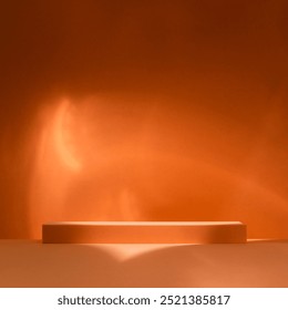 Mesa com suporte de produto e luz abstrata em parede escura. Fundo para produto, cosméticos, alimentos, joias. Vista frontal. Mockup.