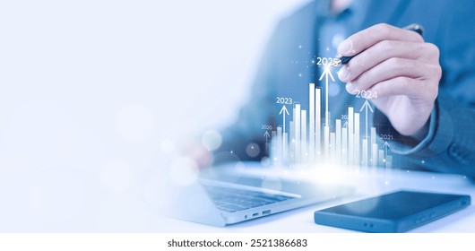 Kiếm lợi nhuận trên thị trường đầu tư trong ngành công nghệ tăng trưởng, phân tích kinh tế 2025, ngân sách. khái niệm hành động kế hoạch kinh doanh mục tiêu tăng trưởng năm mới 2025. mục tiêu tài chính để thành công