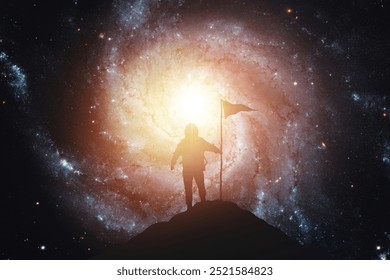 Siluet angkasawan dengan bendera dengan latar belakang galaksi. Elemen imej ini yang disediakan oleh NASA