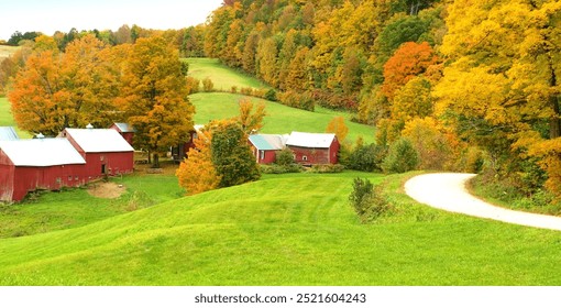 New England Farm With Red Barns And Fall Foliage In Autumn