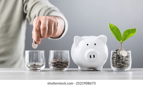 Muž hází mince do skleněné nádoby, vedle něj jsou hromady mincí a model dřevěného domu. Zdůrazňuje koncept úspory peněz na budoucí investice do domu a finanční stabilitu