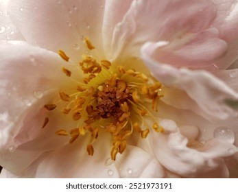 A close-up shot capturing the intricate details of a pink rose's center, adorned with dewdrops.