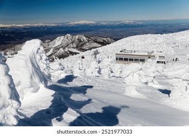 阳光明媚的冬日，游客们乘坐缆车前往山顶的索道站，欣赏日本东北地区山形县藏王滑雪胜地树冰森林（冰树、雪怪）的美景