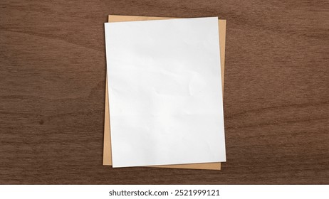 biely a hnedý grunge papier umiestnený na tmavohnedom orechovom drevenom podklade. papier s prázdnym priestorom na pridanie textu alebo umeleckých diel. zblízka prázdnych kúskov papiera s copyspace.