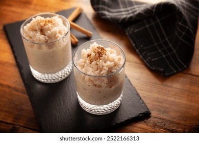 Rice pudding. Sweet dish made by cooking rice in milk and sugar, some recipes include cinnamon, vanilla or other ingredients, it is a very easy dessert to make and very popular all over the world.