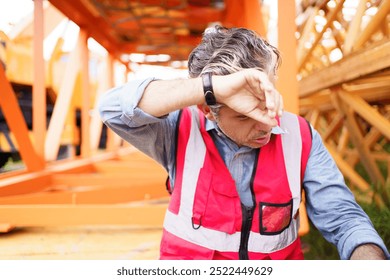 Lavoratore di etnia bianca occidentale che si riposa e beve acqua da una bottiglia dopo aver lavorato per molte ore in una giornata molto calda. Caposquadra o operaio edile caucasico assetato e stanco seduto sul pavimento.