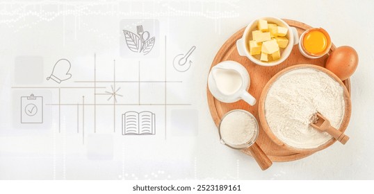 Asse o ingrediente para a receita em tigelas, manteiga, leite e ovos, fundo de padaria com ícones virtuais e tecnologias inovadoras.