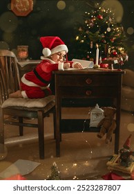 Esperando o Natal. Um cartão de Natal. Uma criança com uma fantasia vermelha de Papai Noel está escrevendo uma carta. O chapéu vermelho. Oficina do Papai Noel, mesa de madeira, aparador, árvore de Natal