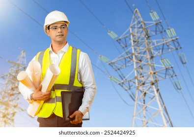 Človek je elektrikár. Pracovník v blízkosti vedenia na prenos energie. Inžinier dohliadajúci na distribúciu energie. Inšpektor kontroluje vedenie vysokého napätia. Muž elektrikár s dokumentmi v rukách
