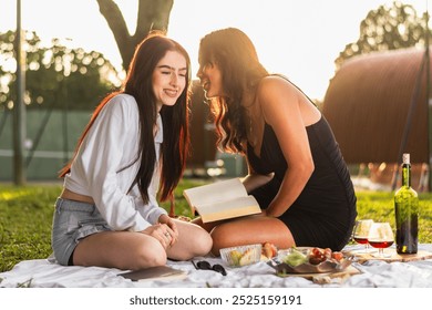 doi prieteni latini zâmbind și fericiți în timp ce se bucură de picnic, vorbind și spunându-și secrete unul în urechile celuilalt, cu apusul în fundal.
