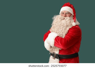 ซานตาคลอสยืนไขว้แขนบนพื้นหลังสีเขียว