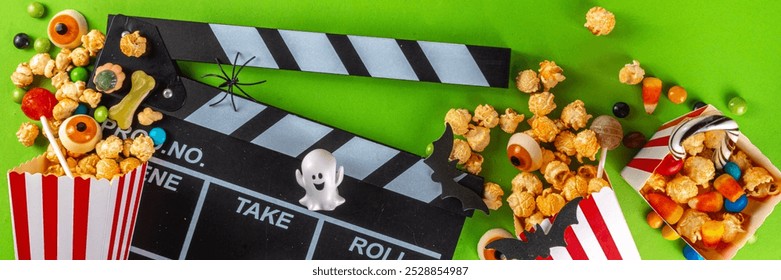 Horror movie, series night, Halloween cinema party with trick-or-treating sweets bucket, popcorn, movie clapperboard and Halloween decorations on high-colored background copy space