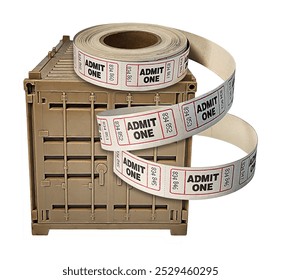 A brown shipping container for transporting objects with a roll of tickets to show shipping limitations and regulations