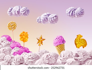 pemandangan manis es krim dan permen di latar belakang langit merah muda dengan awan