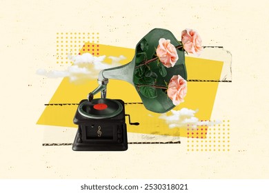 Composite trend artwork sketch image photo collage of fragment obsolete dance gramophone listen music carefree party spring flower rose