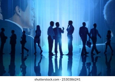 Silhouetten verschiedener Geschäftsleute, Männer und Frauen, in einem Unternehmensumfeld. Geschäft, Teamarbeit und Zusammenarbeit in einem professionellen Umfeld. Globale Geschäftsleute in Silhouetten.