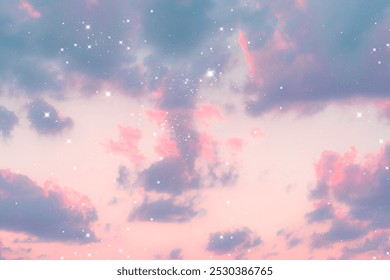Dreamy pastel sky with stars background. Aesthetic pink sjy landscape desktop wallpaper background. Pink sparkly pastel evening sky with cute clouds backdrop for desktop background.