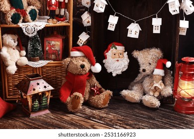 Christmas home decor with teddy bears, santa claus and lanterns in vintage style